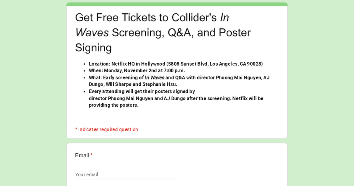 Get Free Tickets to Collider’s In Waves Screening, Q&A, and Poster Signing Get Free Tickets to Collider’s In Waves Screening, Q&A, and Poster Signing